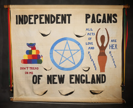 Lot 001 - Vintage Modern Independent Pagans Of New England Hand-Painted Canvas Portest Parade Banner With Rattlesnake, Pentagram, And Goddess Figure, Circa 1990s-Early 2000s