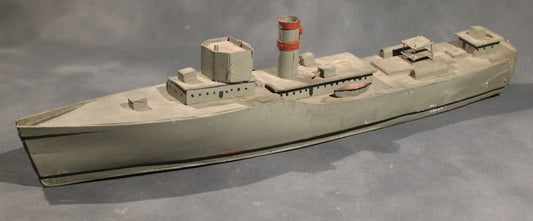 Lot 002 - Vintage Folk Art Assembled Wood Warship Model, Gray-Painted Hull With Red-Banded Smokestack, Superstructure Details, 19-3/4" L