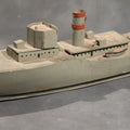 Lot 002 - Vintage Folk Art Assembled Wood Warship Model, Gray-Painted Hull With Red-Banded Smokestack, Superstructure Details, 19-3/4" L