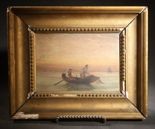 Lot 004 - Antique Oil Painting On Board, Two Fishermen Hauling A Net From A Rowboat At Sunset, Sailboat On The Horizon, In Gilt Frame