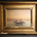 Lot 004 - Antique Oil Painting On Board, Two Fishermen Hauling A Net From A Rowboat At Sunset, Sailboat On The Horizon, In Gilt Frame, 9-5/8" x 7-7/8"