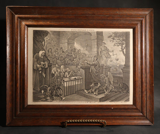 Lot 005 - Antique Engraving Print, "Paul Before Felix," Plate 1, By William Hogarth (English, 1697-1764), "Etched In The Ridiculous Manner Of Rembrandt," Courtroom Scene With Devil, Justice, And Apostle Paul, Published 1751, Trimmed, Wood Frame