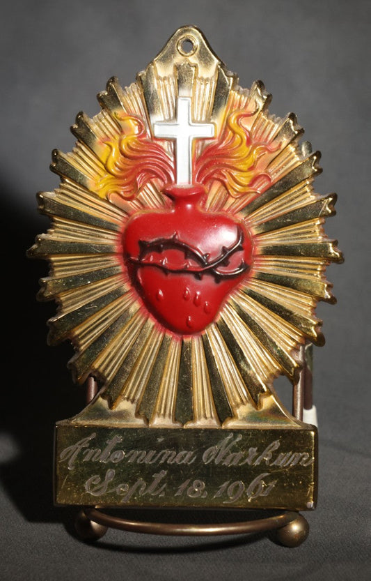 Lot 006 - Vintage Polychrome Sacred Heart Casket Plaque, Engraved "Antonina Narkum Sept. 18, 1961," Cross, Crown Of Thorns, And Flame Motif