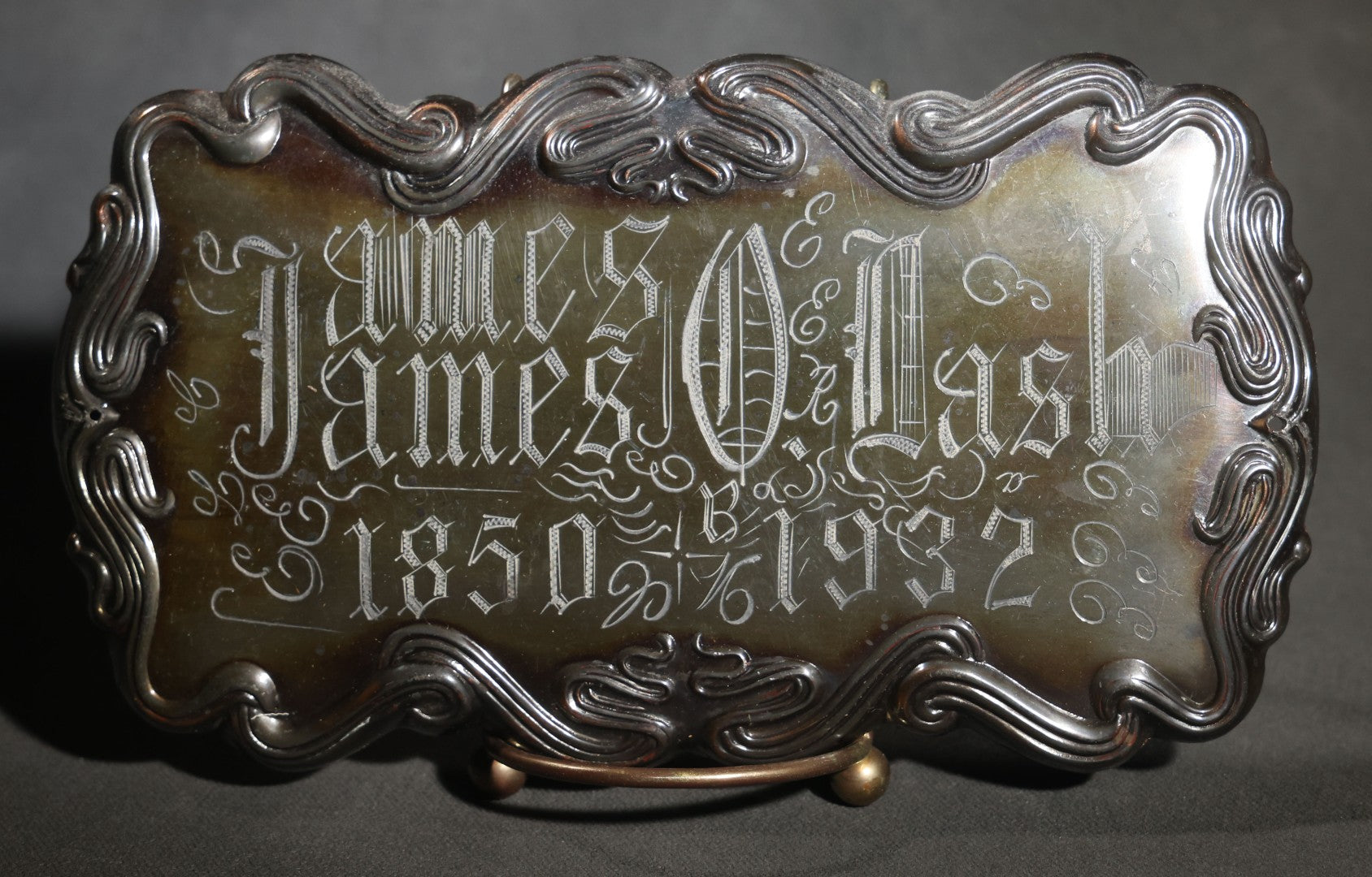 Lot 007 - Vintage Engraved Casket Plaque, "James O. Dash, 1850-1932," Blackletter Script With Scrollwork Border