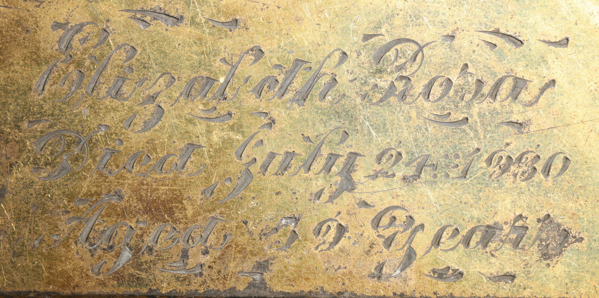 Lot 008 - Vintage Engraved Casket Plaque, "Elizabeth Rosa, Died July 24, 1930, Aged 59 Years," Cursive Script