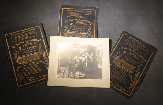 Lot 009 - Grouping Of Four Antique Funerary Items Including Memorial Cards For Mary E. Thompson, Died 1892,  By By Geo. Mitchell, "Fine Memorial Cards And Mourning Goods," Greenfield, Indiana, And Board-Mounted Photograph Of Funeral Flower Display
