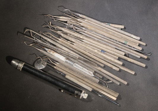 Lot 013 - Grouping Of Vintage Stainless Steel Dental Tools, Made In U.S.A.., Including Clev-Dent, Premierlite, S.S. White, And Kerr Examples, Scalers, Explorers, And Additional Instruments