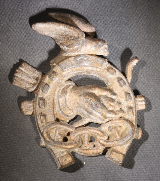 Lot 020 - Antique Cast Iron Independent Order Of Odd Fellows I.O.O.F.. Ornament, Horseshoe With Three Links F.L.T., Hand, Bird, And Flanking Tools, Note Loss To Lower Left