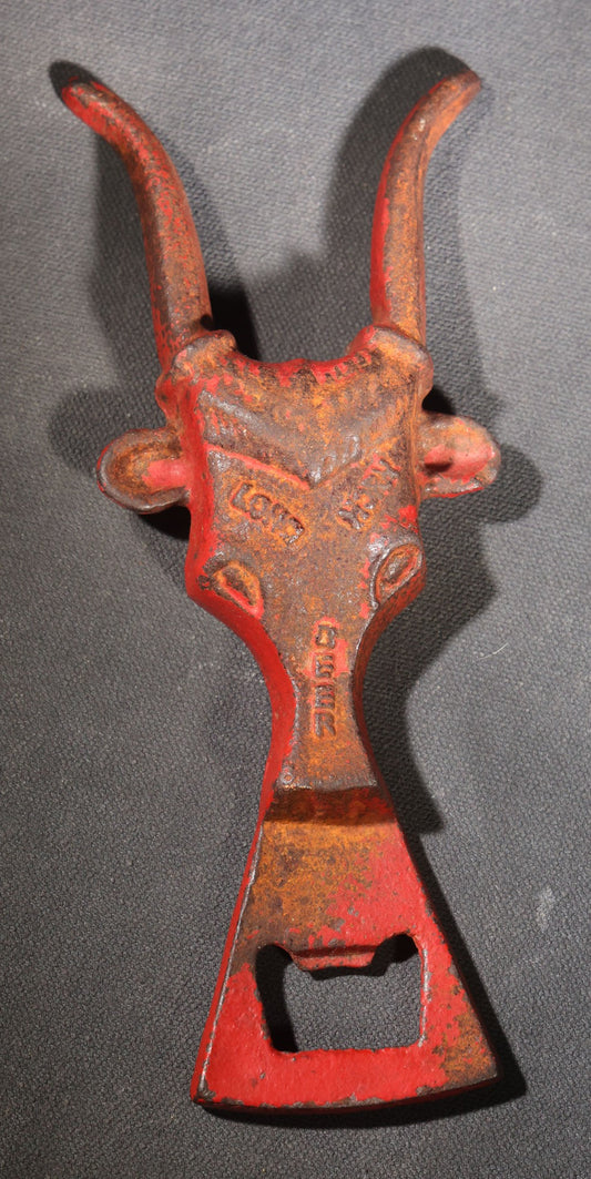 Lot 021 - Vintage Cast Iron Figural Bull Head Bottle Opener Advertising Long Horn Beer With Red-Painted Finish