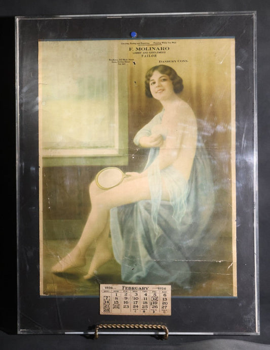 Lot 023 - Antique 1926 F. Molinaro Ladies' And Gentlemen's Tailor Advertising Pin-Up Calendar, Danbury, Connecticut, In Modern Plastic Box Frame