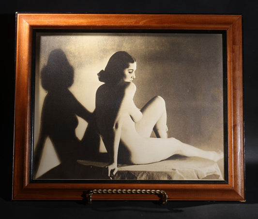 Lot 025 - Antique Framed Sepia-Tone Art Nude Photograph Of A Seated Young Woman With Dramatic Shadow, Circa 1920s-1930s