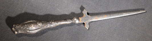 Lot 029 - Antique Sterling Silver-Handled Sword-Form Letter Opener With Floral Repousse Handle And Cross Guard