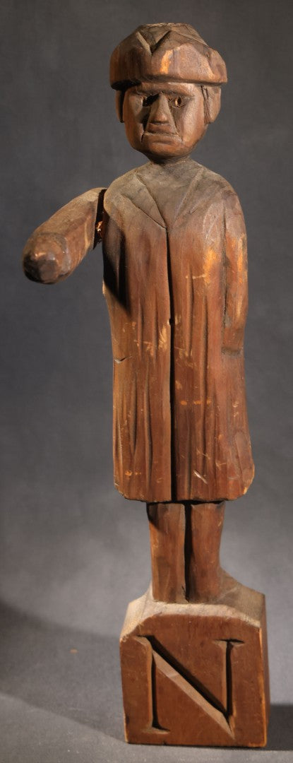 Lot 031 - Antique Hand-Carved Folk Art Wooden Directional Figure With Posable Pointing Arm On Base Carved "N" For North