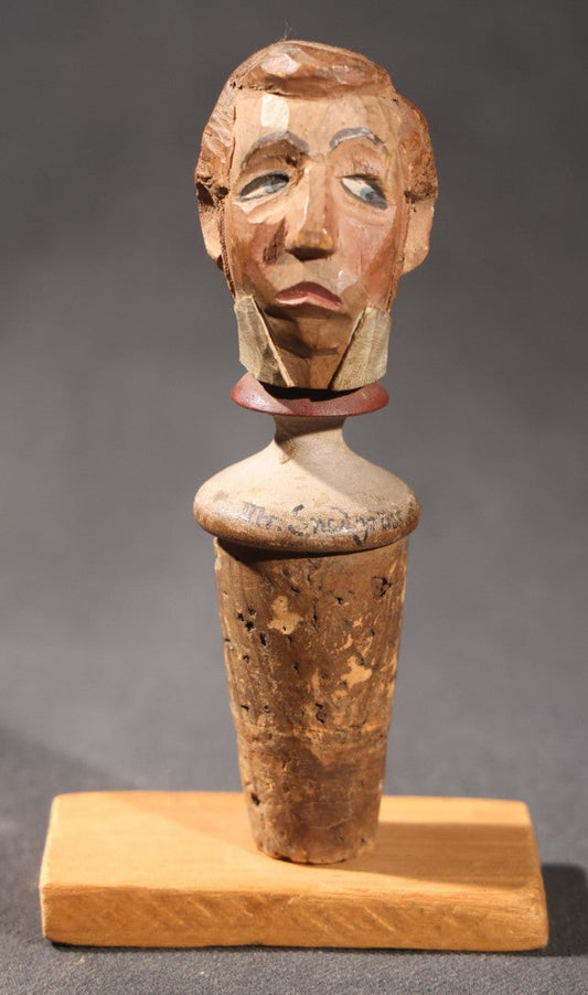 Lot 032 - Vintage Folk Art Hand-Carved And Painted Wooden Figural Bottle Cork On Stand Depicting "Mr. Snodgrass" From Charles Dickens' "The Pickwick Papers"