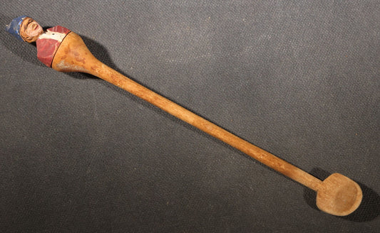 Lot 033 - Vintage Folk Art Hand-Carved And Painted Wooden Spoon With Figural Handle Of A Man In A Blue Cap And Red Jacket