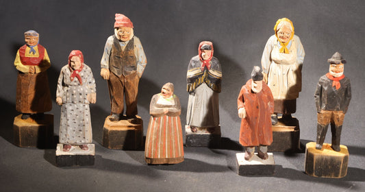 Lot 034 - Grouping Of Eight Vintage Folk Art Hand-Carved And Painted Wooden Figures In Traditional Dress