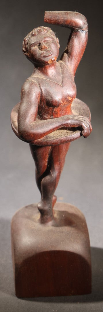 Lot 036 - Antique Folk Art Hand-Carved Wooden Ballerina Figure On Base, Note Missing Hand