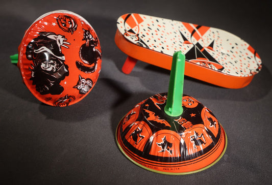 Lot 050 - Trio Of Vintage Halloween Tin Lithograph Noisemakers, U.S. Metal Toy Mfg. Co., With Witch, Bat, Jack-O-Lantern, And Cat Graphics, Bell Rattle, And Clapper Examples