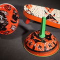 Lot 050 - Trio Of Vintage Halloween Tin Lithograph Noisemakers, U.S. Metal Toy Mfg. Co., With Witch, Bat, Jack-O-Lantern, And Cat Graphics, Bell Rattle, And Clapper Examples