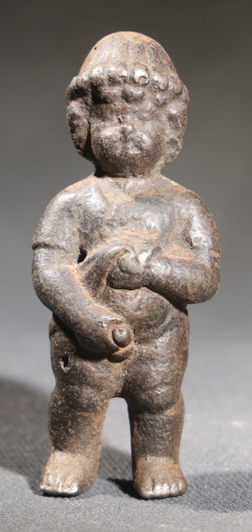 Lot 053 - Antique Cast Iron Manneken Pis-Style Figural Statuette, Standing Peeing Male Child, Dark Patina, 2-7/8" H