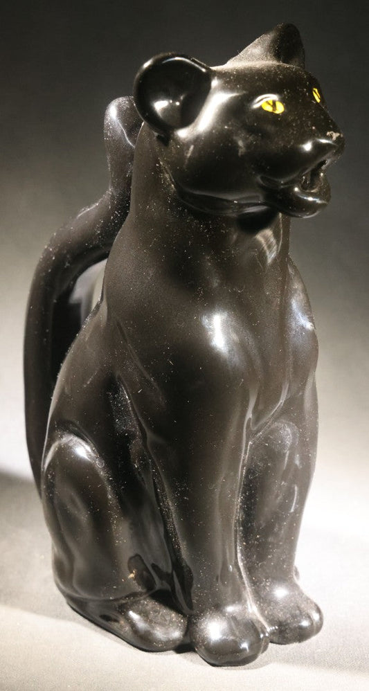 Lot 054 - Vintage Black Glazed Ceramic Panther Pitcher With Yellow Painted Eyes, By R.E.M.O., Made In Italy, 1975, 10-7/8" H