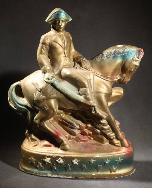 Lot 055 - Vintage Chalkware Equestrian Figural Statuette, George Washington On Horseback, Star-Bordered Oval Base, Polychrome Gold, Blue, And Red Paint, 10-1/4" H