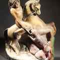 Lot 056 - Vintage Chalkware Equestrian Figural Statuette, Native American Figure In War Bonnet On Rearing Horse Spearing A Mountain Lion, Polychrome Paint, 11-1/4" H