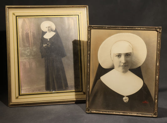 Lot 060 - Pair Of Vintage Framed Photographs Of A Catholic Nun In White Pleated Cornette And Dark Habit With Medallion, Full-Length And Portrait Views Of The Same Subject, Gilt Frames, 10-1/8" x 12-3/8" And 8-1/8" x 10-1/8"