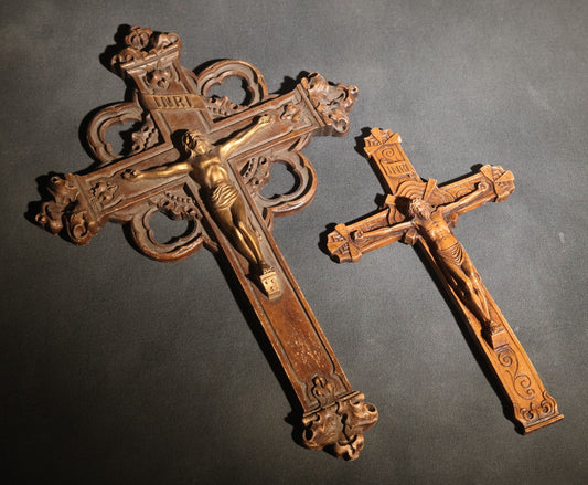 Lot 064 - Pair Of Vintage Composite Wood Crucifixes With Corpus And I.N.R.I. Tablets, Syrocowood And Barwood By Boynton & Co.