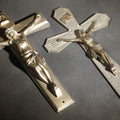 Lot 066 - Pair Of Vintage Silver-Toned Metal Casket Crucifixes With Corpus And I.N.R.I. Tablets, Art Deco Style Terminals