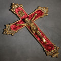 Lot 067 - Vintage Brass Crucifix With Corpus, I.N.R.I. Tablet, Red Velvet Backing, And Ornate Rococo-Style Terminals