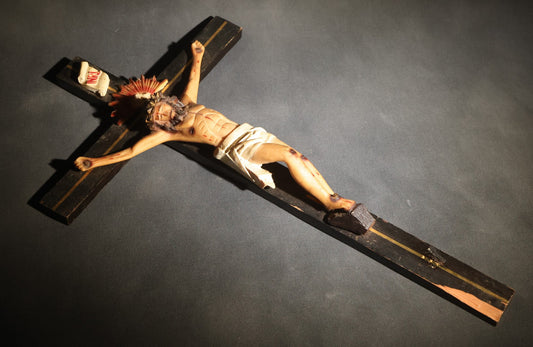 Lot 068 - Vintage Wood Crucifix With Polychrome Resin Corpus, I.N.R.I. Tablet, And Radiant Halo