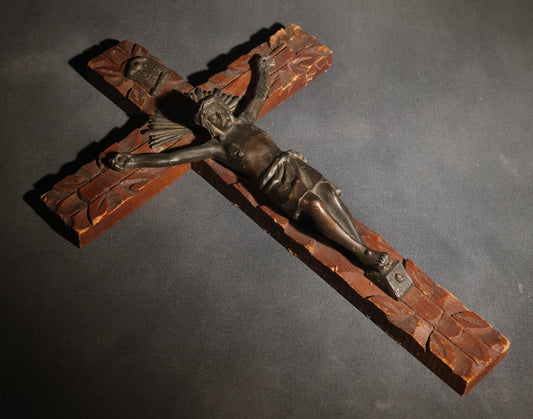 Lot 069 - Vintage Carved Wood Crucifix With Dark Metal Corpus, I.N.R.I. Tablet, And Radiant Halo