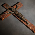 Lot 069 - Vintage Carved Wood Crucifix With Dark Metal Corpus, I.N.R.I. Tablet, And Radiant Halo