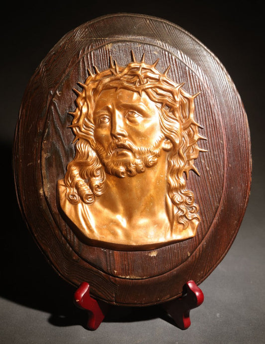 Lot 070 - Vintage Oval Wood Plaque With Gold-Toned Metal Relief Bust Of Christ Wearing Crown Of Thorns