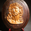 Lot 070 - Vintage Oval Wood Plaque With Gold-Toned Metal Relief Bust Of Christ Wearing Crown Of Thorns