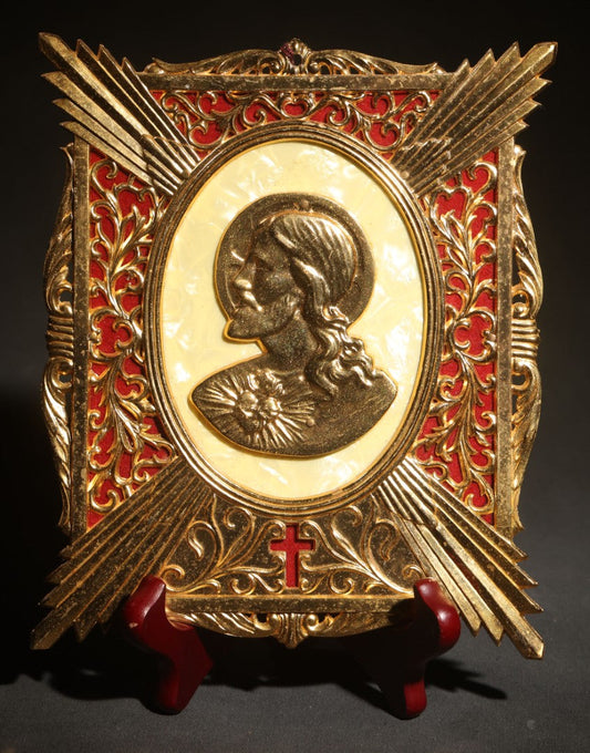 Lot 073 - Vintage Gold-Toned Metal Wall Plaque With Sacred Heart Of Jesus Profile Relief, Red Velvet Backing, Scrollwork Frame, Original Tag