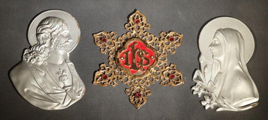 Lot 074 - Trio Of Antique And Vintage Metal Religious Wall Plaques Including Sacred Heart Of Jesus And Virgin Mary Busts Marked L.V.A. 1924, And Gold-Toned I.H.S. Filigree Cross