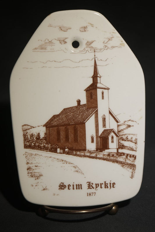 Lot 075 - Vintage Figgjo Flint Porcelain Wall Plaque, "Seim Kyrkje" ("Seim Church") 1877, Johan Thomsen, Bergen, Norway, 1987