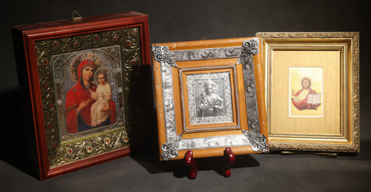 Lot 077 - Trio Of Vintage Framed Eastern Orthodox Icons Including Madonna And Child With Jeweled Border, Christ Pantocrator With Funeral Prayer Card, And Silver-Toned Saint Nicholas Relief