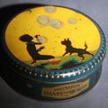 Lot 085 - Antique Maynards "Stands For Quality" Tin Lithograph Candy Tin With Silhouette Graphics Of Child Blowing Bubbles With Dog, 8" Diameter