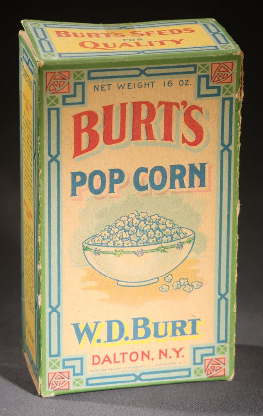 Lot 087 - Antique Burt's Pop Corn 16 Oz. Box With Bowl Of Popcorn Graphic And Directions, W.D. Burt, Dalton, New York, Printed By Genesee Valley Lithograph Co., Rochester, New York