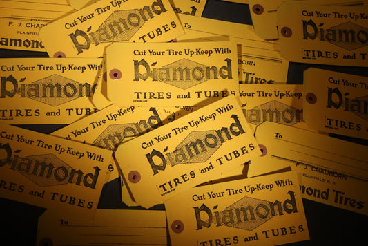 Lot 090 - Grouping Of 19 Antique Diamond Tires And Tubes Advertising Shipping Tags, F.J. Chadborn, Plainfield, New Hampshire, Denney Tag Co., West Chester, Pennsylvania