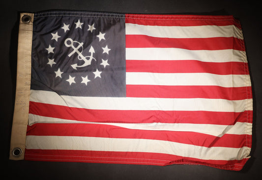 Lot 100 - Vintage United States Yacht Ensign Flag, 13 Stars With Fouled Anchor, Red And White Stripes, Grommeted Canvas Hoist