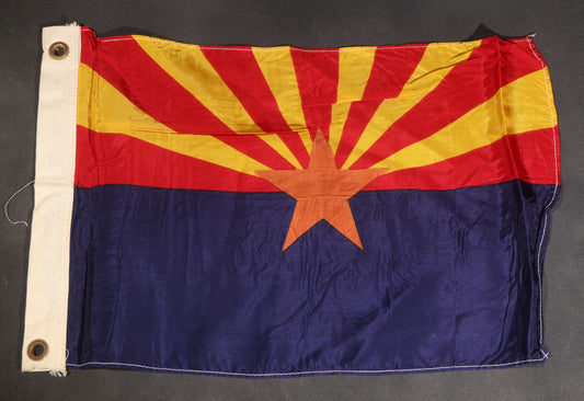 Lot 104 - Vintage Arizona State Flag, Red And Yellow Sunburst Rays With Copper Star On Blue Field, Grommeted Canvas Hoist