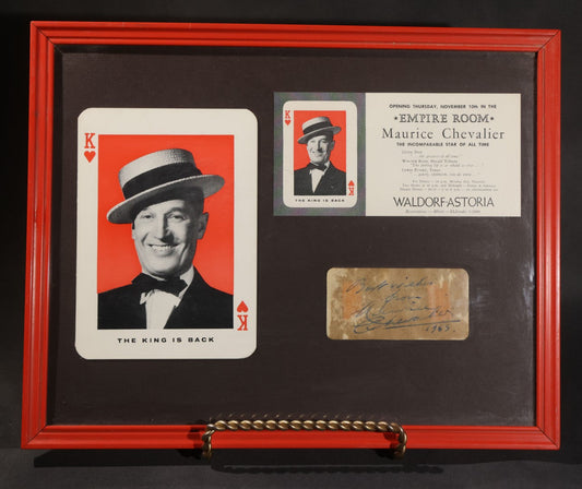 Lot 106 - Vintage Framed Maurice Chevalier Waldorf-Astoria Empire Room Ephemera Display, "The King Is Back" Promotional Card, Show Advertisement, And Signed Autograph Dated 1963