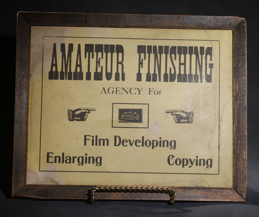Lot 108 - Antique "Amateur Finishing" Film Developing, Enlarging, And Copying Advertising Sign, White Mt. Studio, Littleton, New Hampshire, Framed With Manicule Graphics