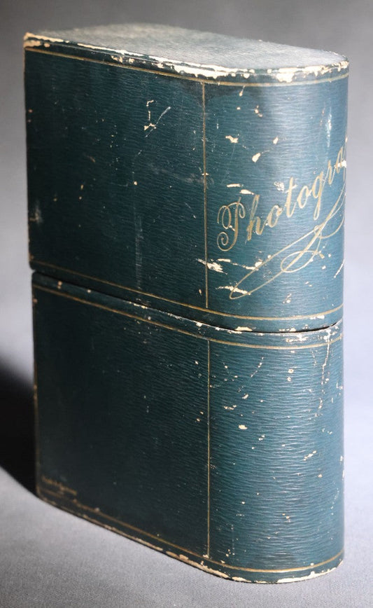Lot 109 - Antique Green Leatherette-Covered "Photographs" Cabinet Card Book Form Storage Box With Gold-Stamped Lettering And Ruled Lines