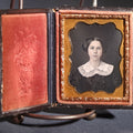 Lot 114 - Antique 1/9th Plate Daguerreotype Photograph, Full Intact Leatherette Union Case, Young Woman In Lace Collar And Dark Dress, Scroll And Medallion Design
