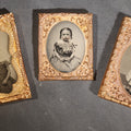 Lot 116 - Trio Of Antique Uncased Photograph Portraits Of Children, 1/6th Plate Ambrotype Of Siblings, 1/9th Plate Tintype Of A Seated Young Girl, And 1/6th Plate Ruby Ambrotype Of A Standing Young Girl, Ornate Brass Mats
